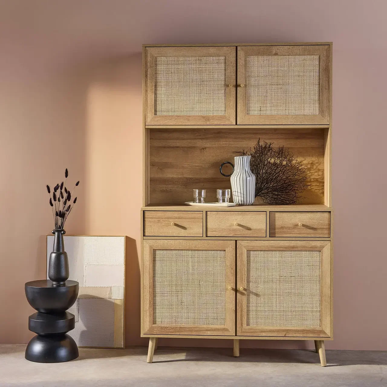 Buffet 4 portes 3 tiroirs bois cannage 110 cm style naturel Bohème