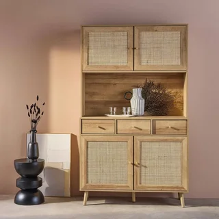 Aparador 4 portas 3 gavetas madeira rattan 110 cm estilo natural Boémio