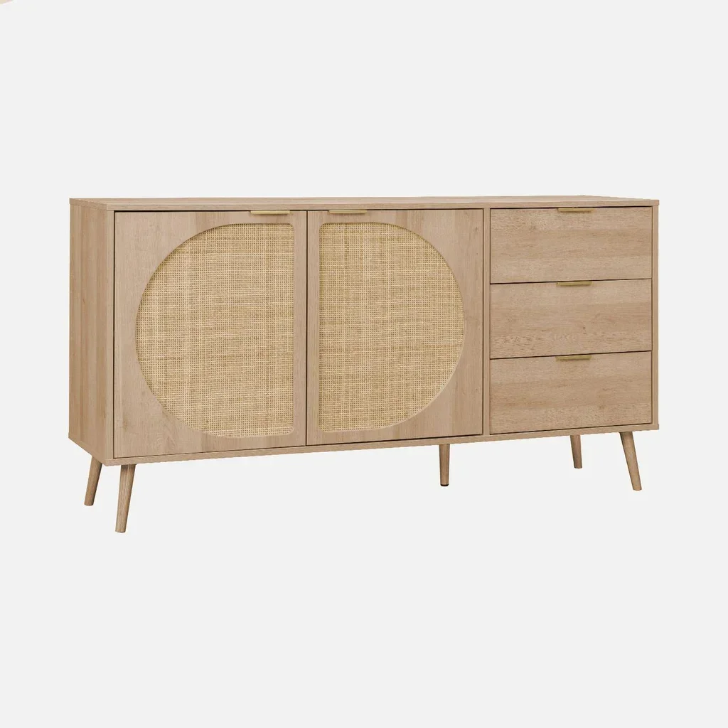 Round Rattan Wood Sideboard 150 cm 2 Doors 3 Drawers Eva