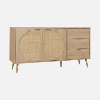 Round Rattan Wood Sideboard 150 cm 2 Doors 3 Drawers Eva