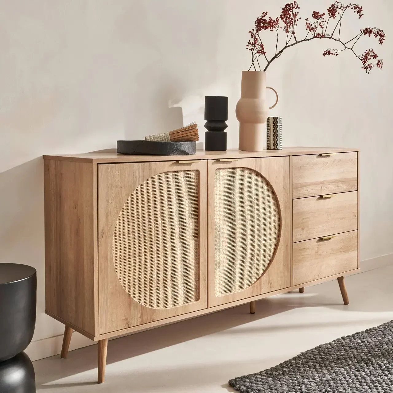 Buffet arrondi cannage bois 150 cm 2 portes 3 tiroirs Eva