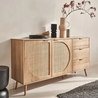 Round Rattan Wood Sideboard 150 cm 2 Doors 3 Drawers Eva
