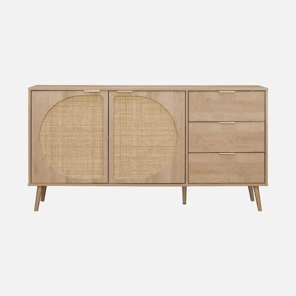 Round Rattan Wood Sideboard 150 cm 2 Doors 3 Drawers Eva