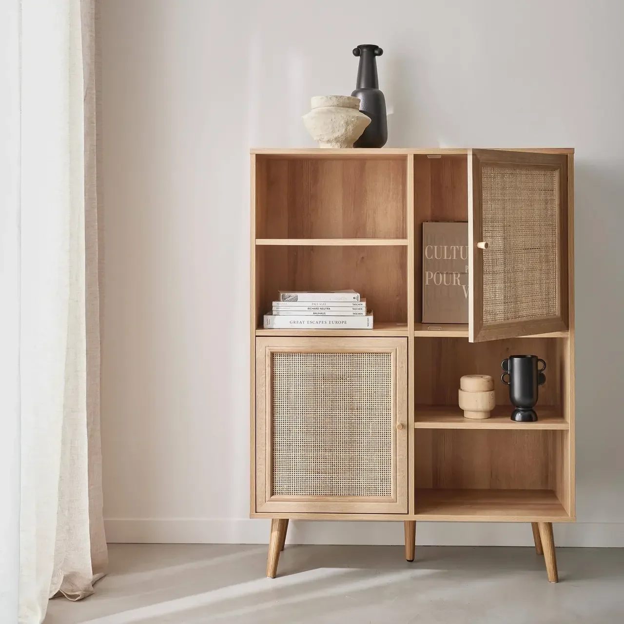 Natural Rattan Sideboard 2 Doors Solid Wood 90 cm Boho Vintage Style