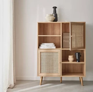 Natural Rattan Sideboard 2 Doors Solid Wood 90 cm Boho Vintage Style