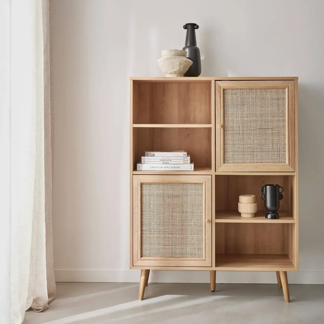 Buffet cannage naturel 2 portes bois massif 90 cm style bohème vintage