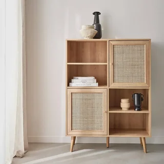 Natural Rattan Sideboard 2 Doors Solid Wood 90 cm Boho Vintage Style