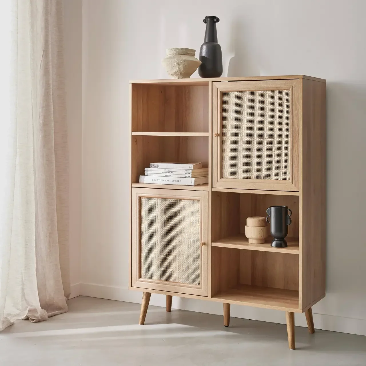 Buffet cannage naturel 2 portes bois massif 90 cm style bohème vintage