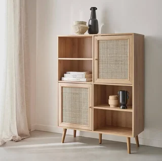 Natural Rattan Sideboard 2 Doors Solid Wood 90 cm Boho Vintage Style