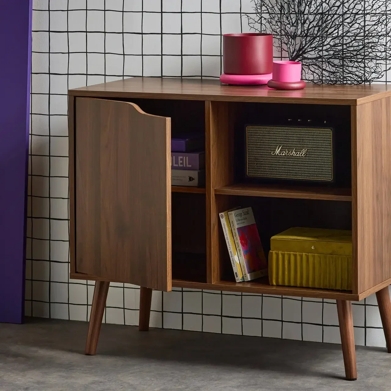 Buffet scandinave bois 80 cm 1 porte vintage Népal noyer