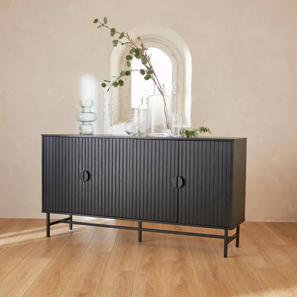 Buffet design bois rainuré 4 portes 157,5 cm Bazalt style industriel