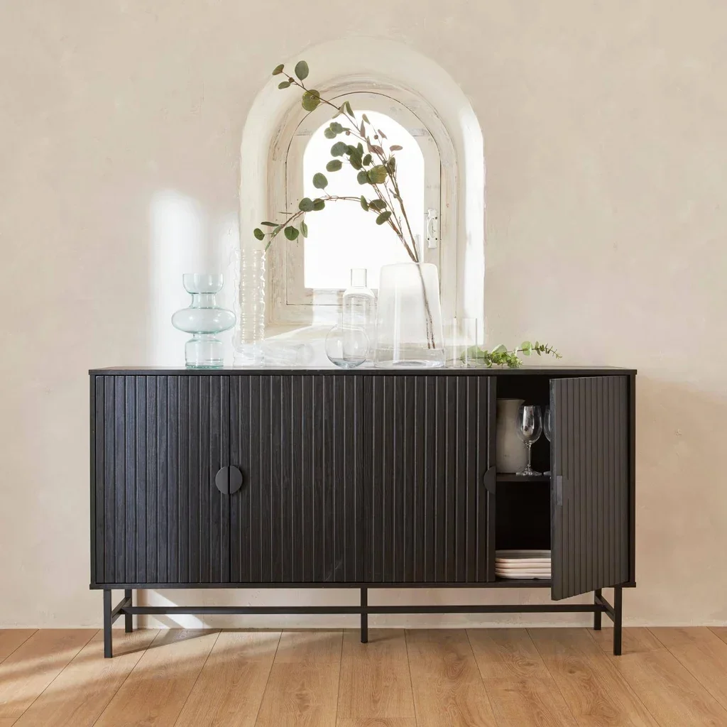 Buffet design bois rainuré 4 portes 157,5 cm Bazalt style industriel