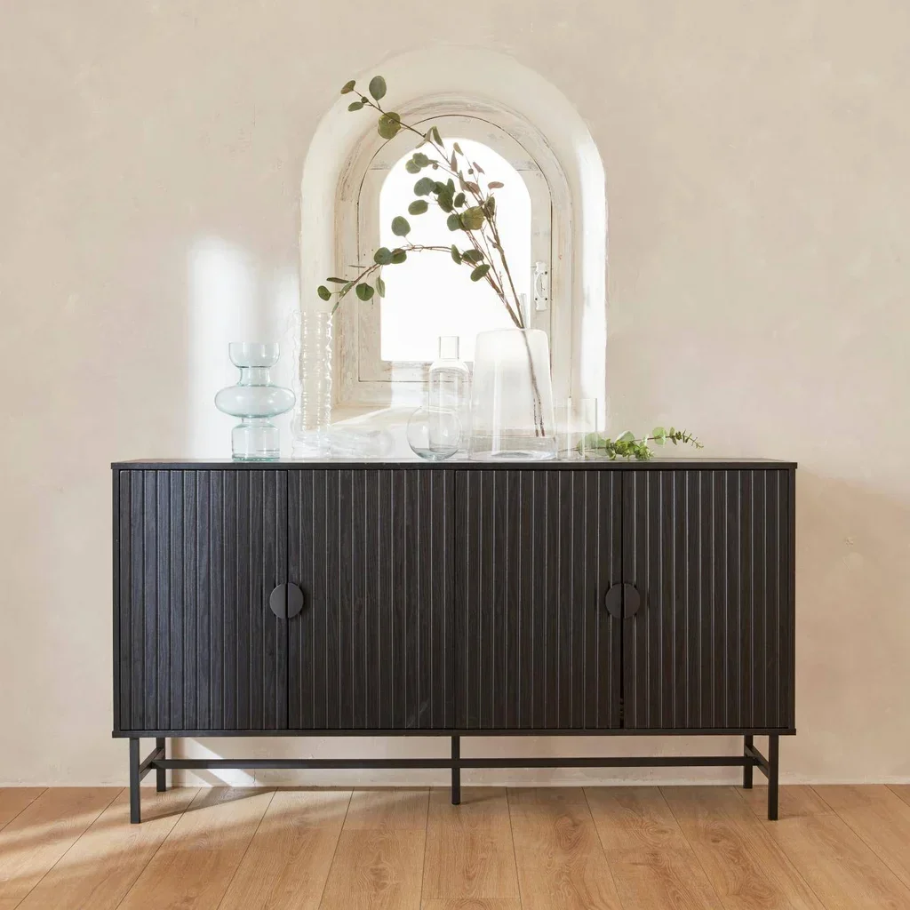 Buffet design bois rainuré 4 portes 157,5 cm Bazalt style industriel