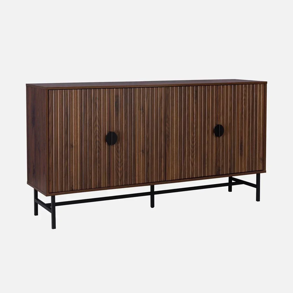 Buffet design bois rainuré 4 portes 157,5 cm Bazalt – Style industriel et élégant