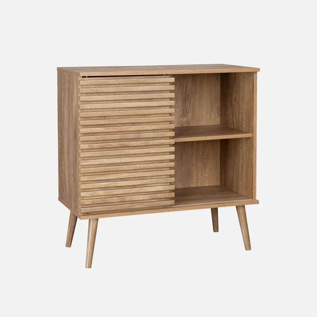 Buffet nordique 80 cm porte coulissante bois strié design scandinave