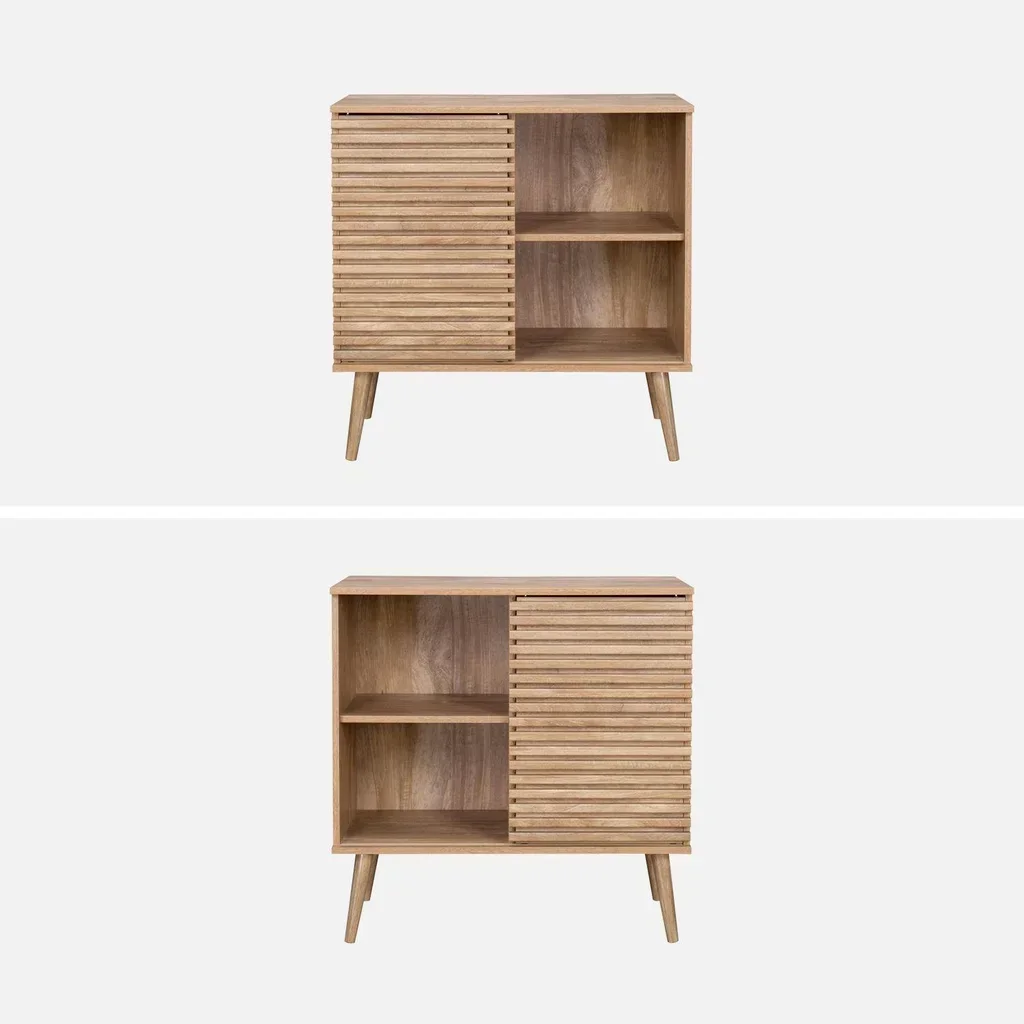 Buffet nordique 80 cm porte coulissante bois strié design scandinave