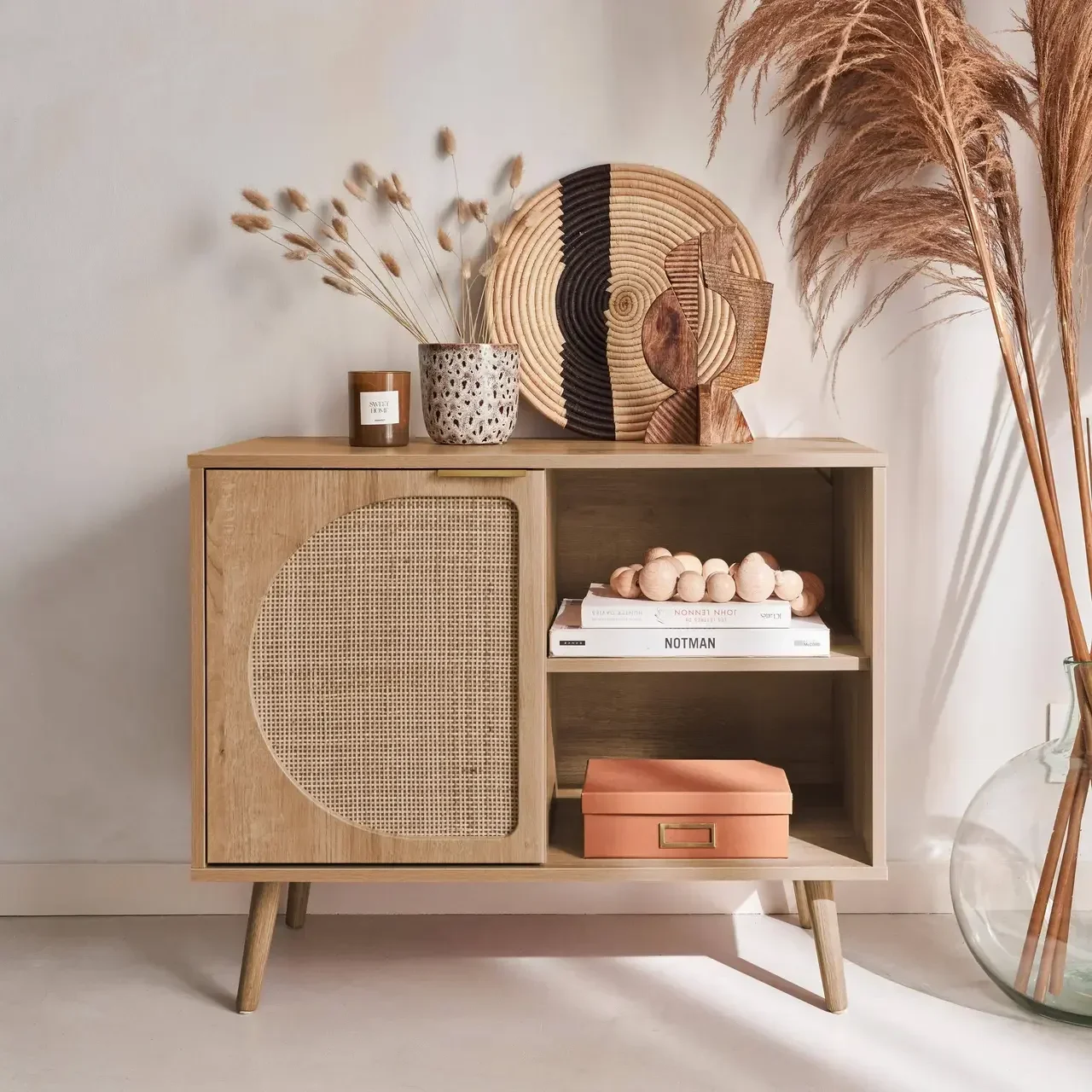 Buffet nordique cannage arrondi 1 porte bois 80 cm