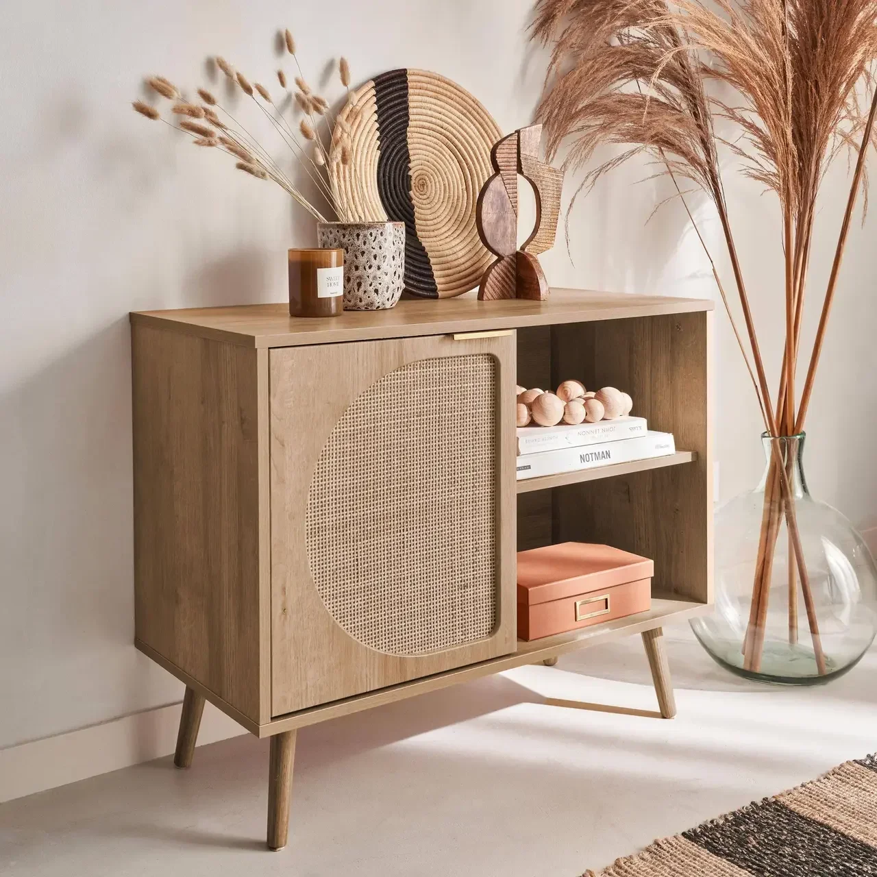Buffet nordique cannage arrondi 1 porte bois 80 cm