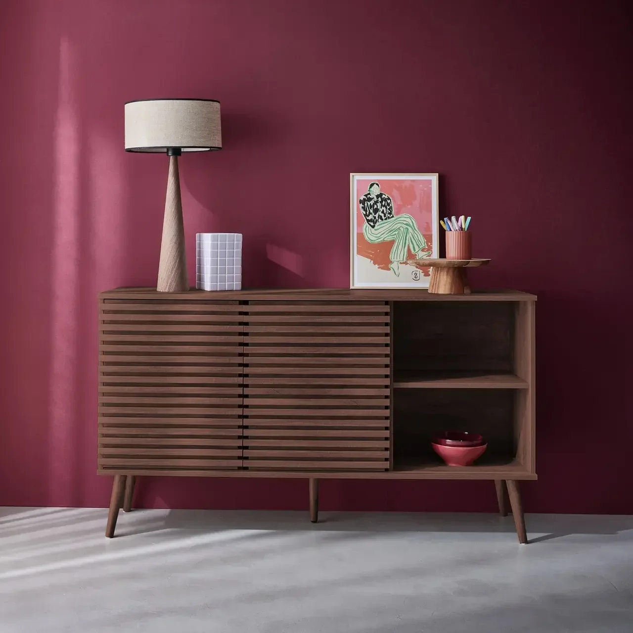 Scandinavian sideboard Madere 140cm striped wood sliding doors 7 storage compartments
