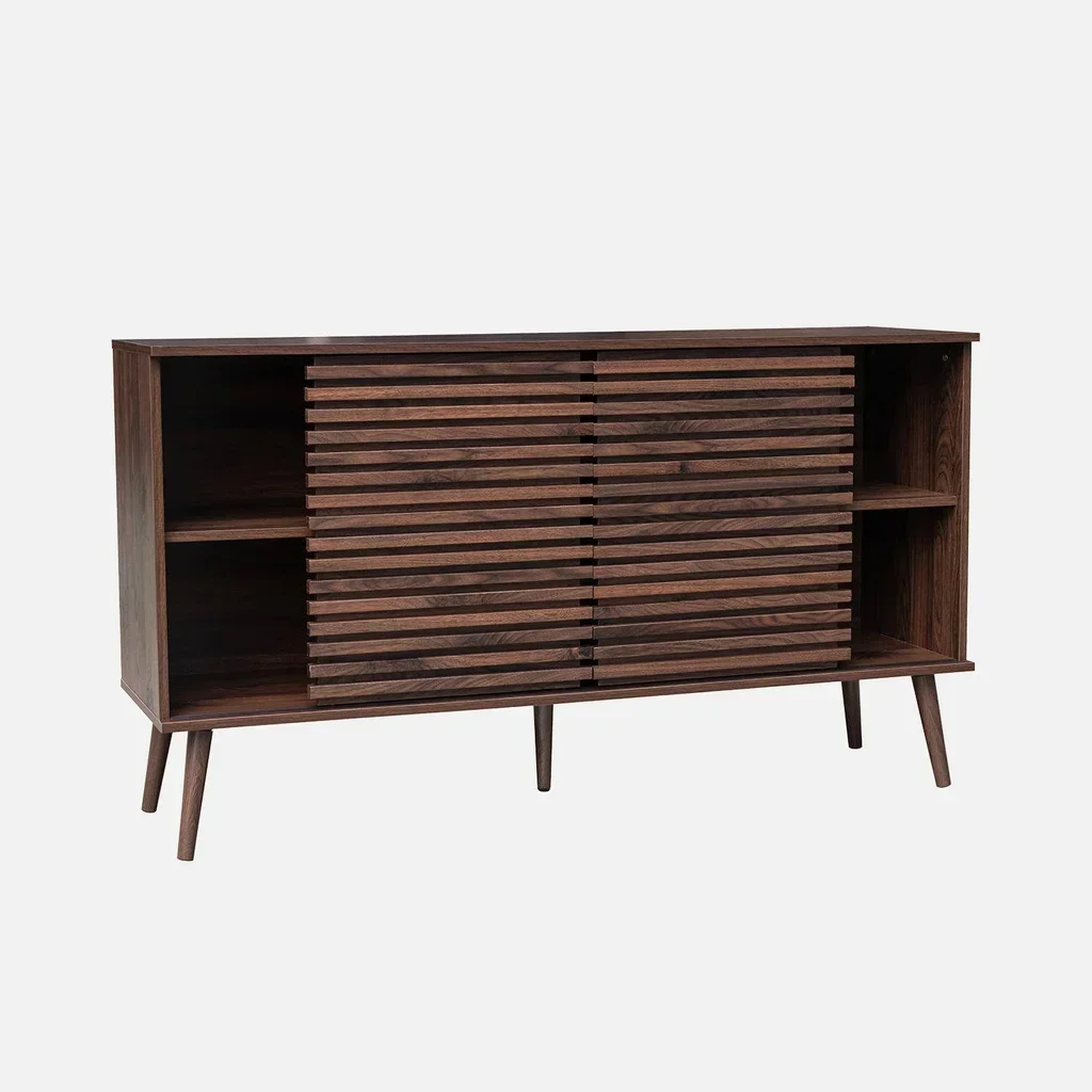 Scandinavian sideboard Madere 140cm striped wood sliding doors 7 storage compartments
