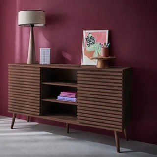 Scandinavian sideboard Madere 140cm striped wood sliding doors 7 storage compartments