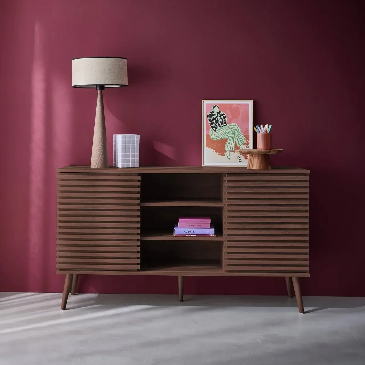 Scandinavian sideboard Madere 140cm striped wood sliding doors 7 storage compartments