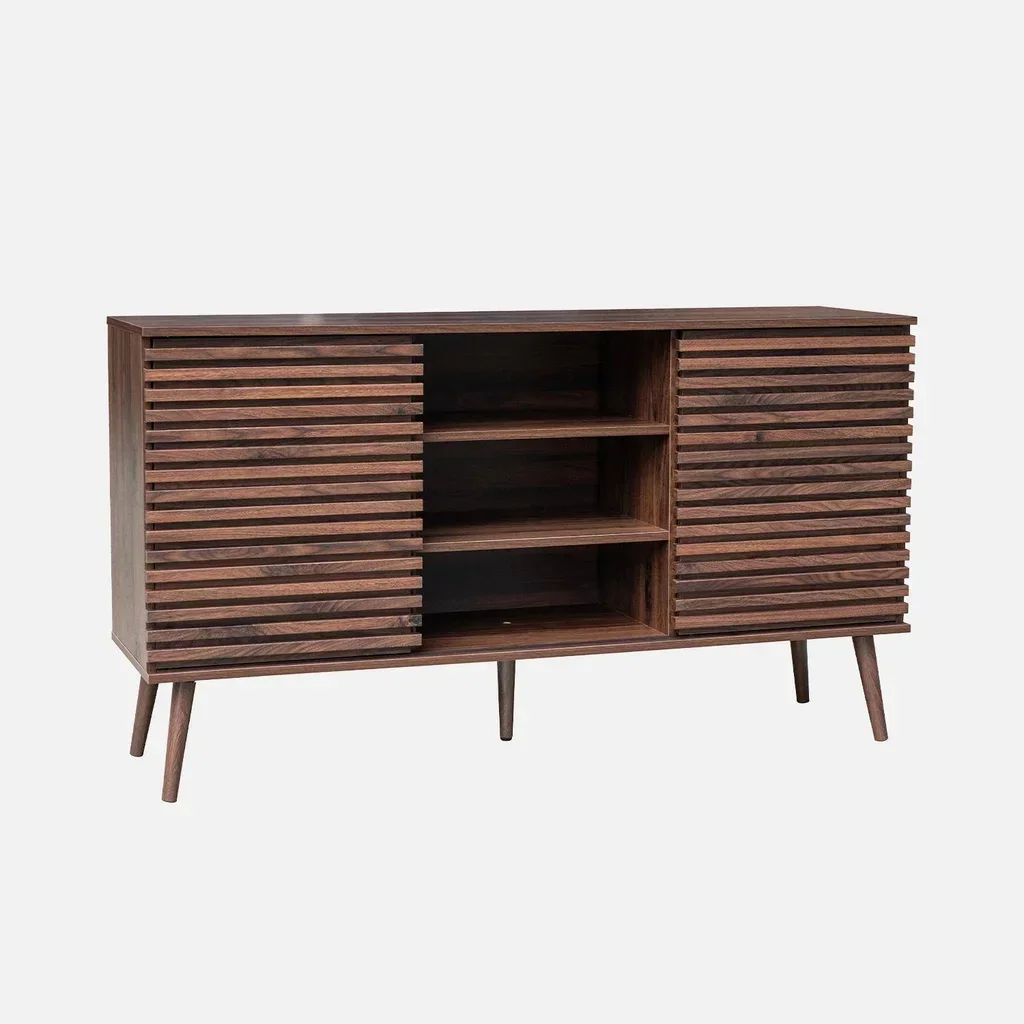 Scandinavian sideboard Madere 140cm striped wood sliding doors 7 storage compartments