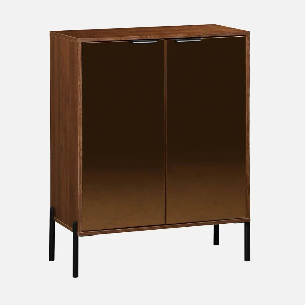 Buffet rétro noyer 83 cm portes vitrées fumées Glassy