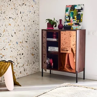 Buffet rétro noyer 83 cm portes vitrées fumées Glassy