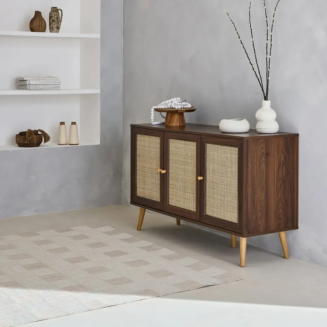 Madia scandinava 3 ante vimini legno 120 cm boho chic