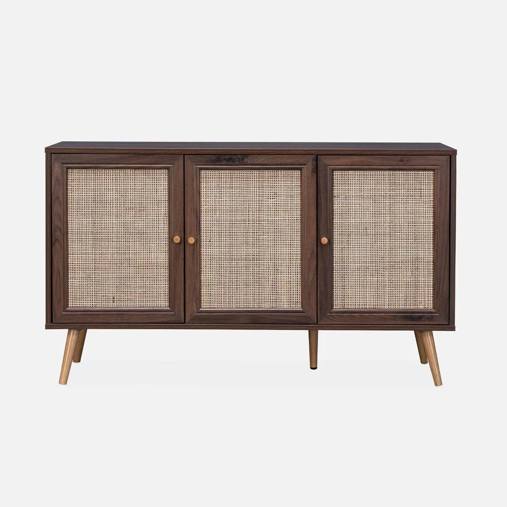 Madia scandinava 3 ante vimini legno 120 cm boho chic