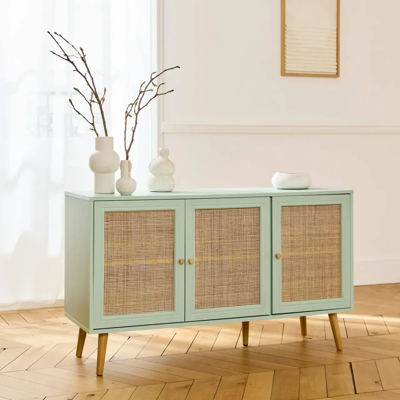 Madia scandinava 3 ante legno e canna 120 cm stile boho vintage