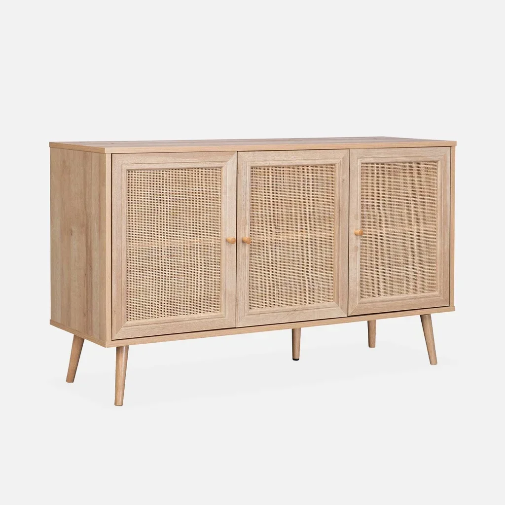 Madia scandinava 3 ante vimini legno 120 cm boho chic