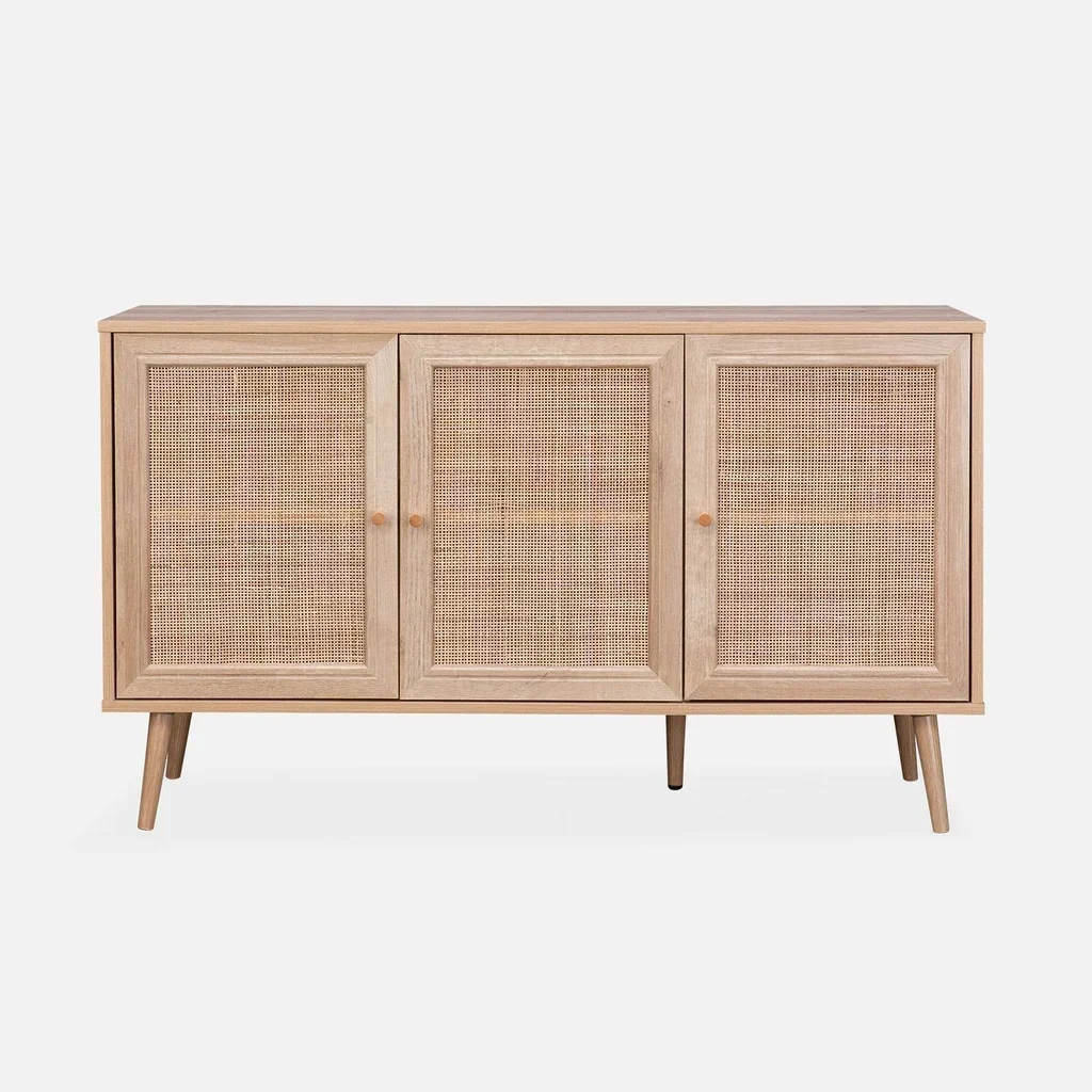 Madia scandinava 3 ante vimini legno 120 cm boho chic
