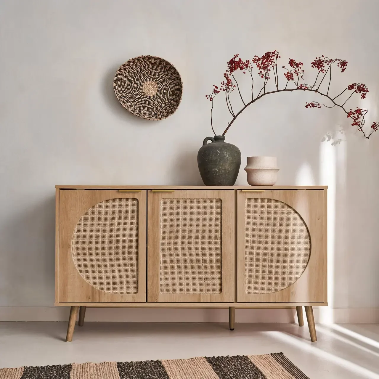 Buffet scandinave 3 portes bois cannage arrondi 120 cm - Collection Eva