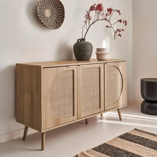 Buffet scandinave 3 portes bois cannage arrondi 120 cm - Collection Eva