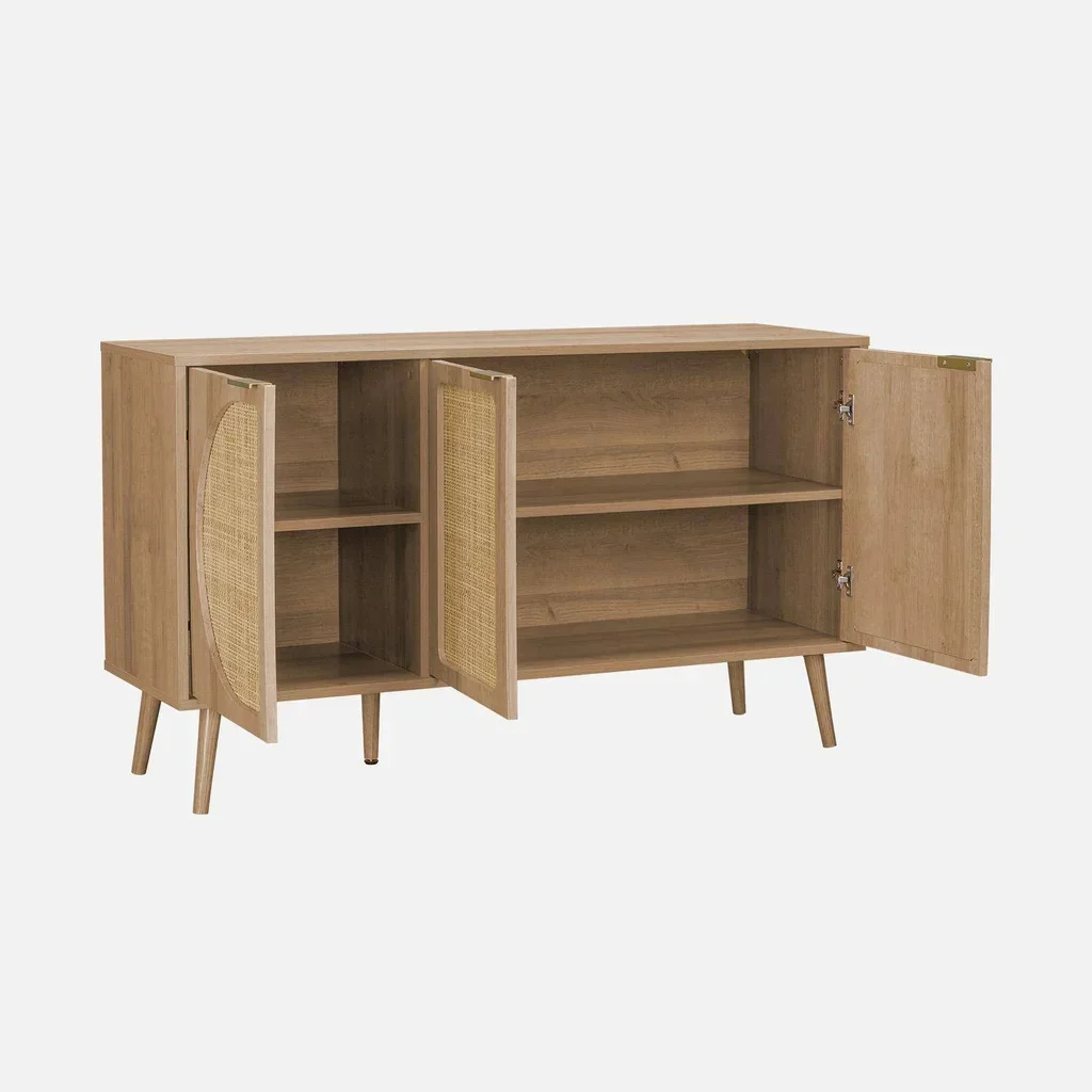 Buffet scandinave 3 portes bois cannage arrondi 120 cm - Collection Eva