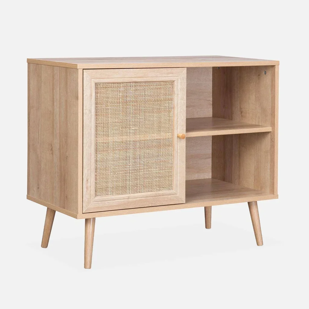 Buffet scandinave bois cannage 80cm 1 porte style bohème vintage