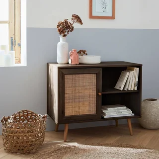 Buffet scandinave bois cannage 1 porte 80 cm style Bohème vintage