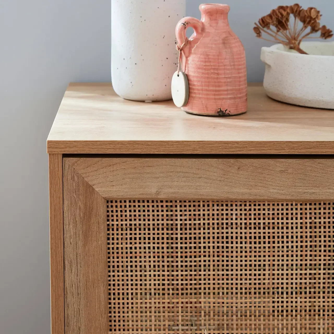 Buffet scandinave bois cannage 80cm 1 porte style bohème vintage