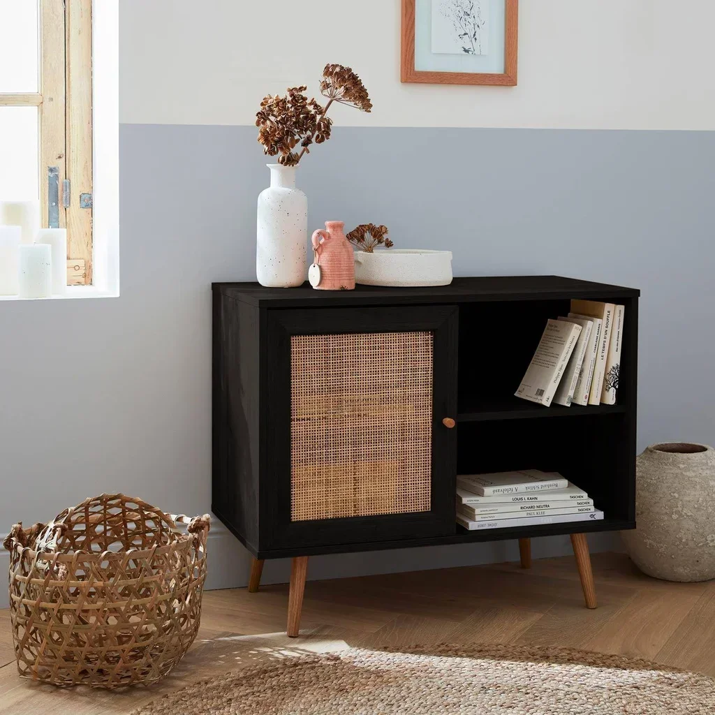 Buffet scandinave bois cannage 80 cm 1 porte Bohème