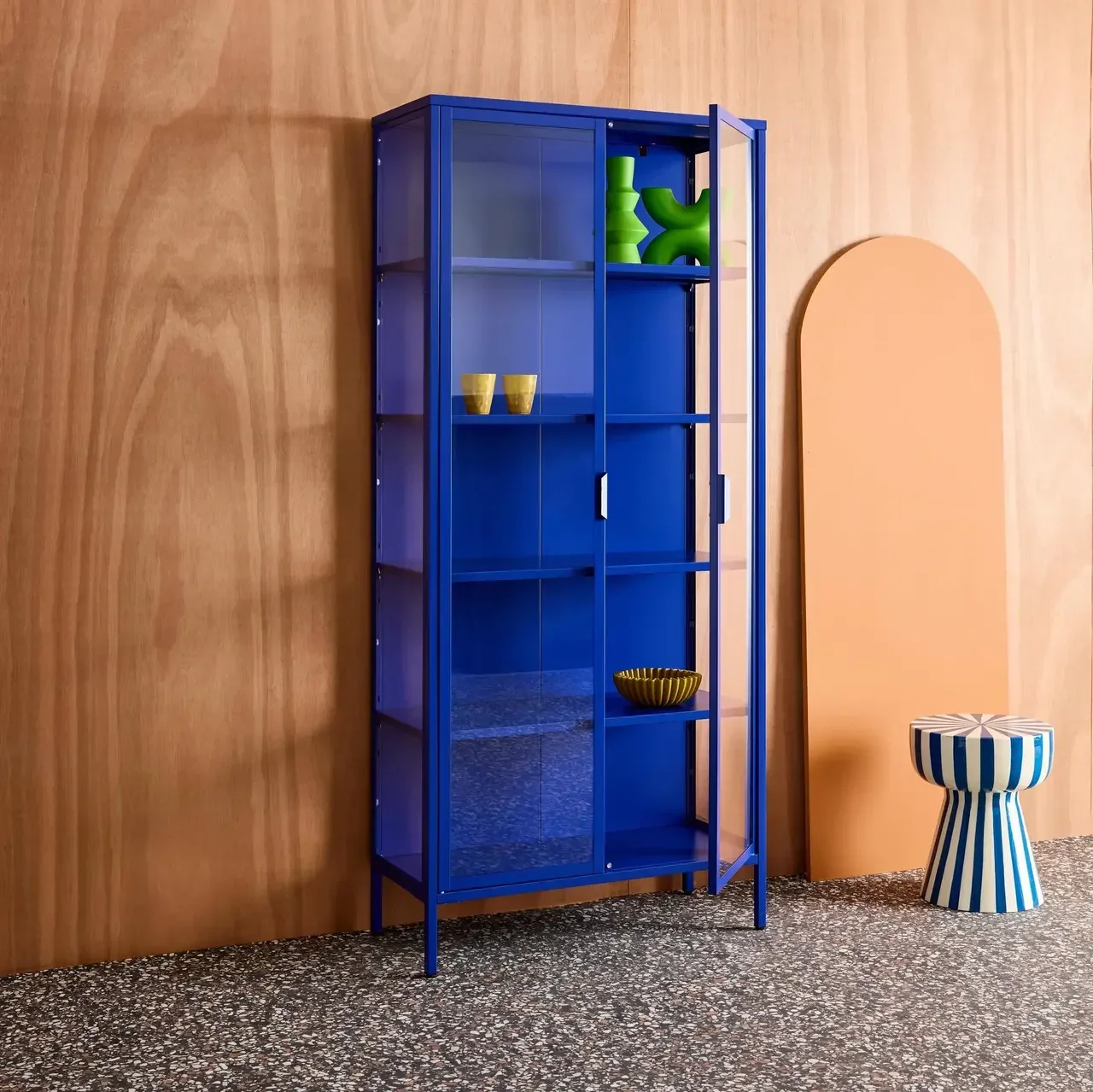 Buffet industrial 2 portas 180 cm metal azul vidro temperado