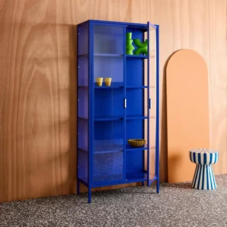 Buffet industrial 2 portas 180 cm metal azul vidro temperado