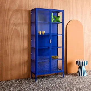 Buffet industrial 2 portas 180 cm metal azul vidro temperado