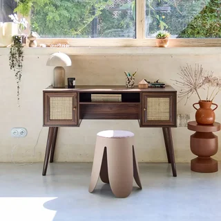Vintage Schreibtisch Rattan Naturholz 2 Türen 70er Jahre Stil