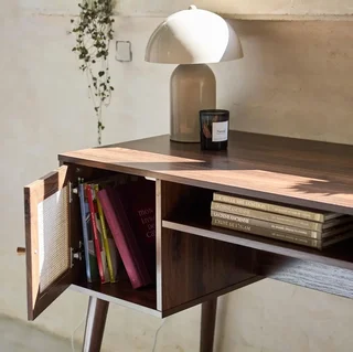 Vintage Schreibtisch Rattan Naturholz 2 Türen 70er Jahre Stil