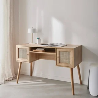 vintage schreibtisch 2 türen geflecht natürliches holz 70er jahre stil