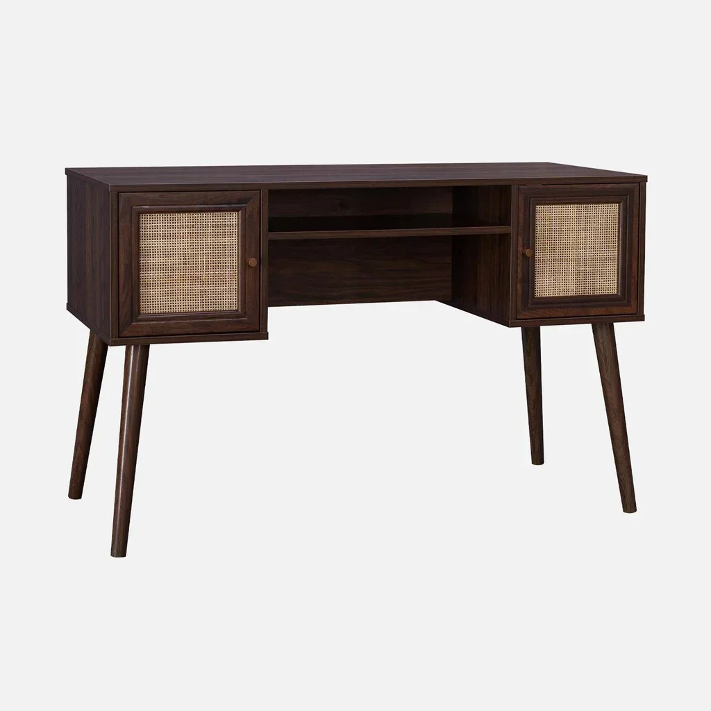 Vintage Schreibtisch Rattan Naturholz 2 Türen 70er Jahre Stil