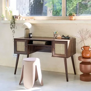 Vintage Schreibtisch Rattan Naturholz 2 Türen 70er Jahre Stil