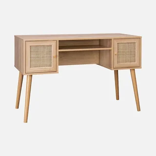 vintage schreibtisch 2 türen geflecht natürliches holz 70er jahre stil